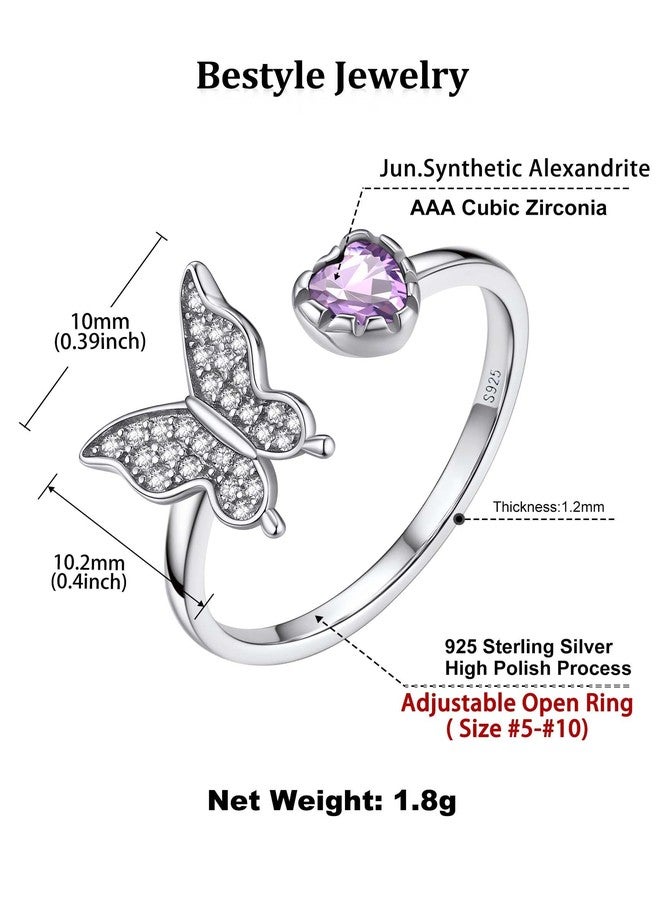 Bestyle CZ Butterfly Rings for Women Sterling Silver June Birthstone Heart Alexandrite Butterflies Ring Silver Band Ring Funny Cute Ring Jewelry Mom Wife Daughter - Image 5